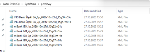 Folder z plikami XML przelewów wygenerowanymi dla ING i mBanku
